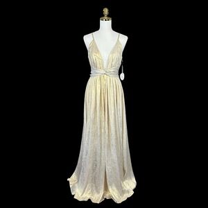 NWT Goddess Gold Metallic Deep V-Neck Maxi Dress Gown Spaghetti Strap SM Grecian